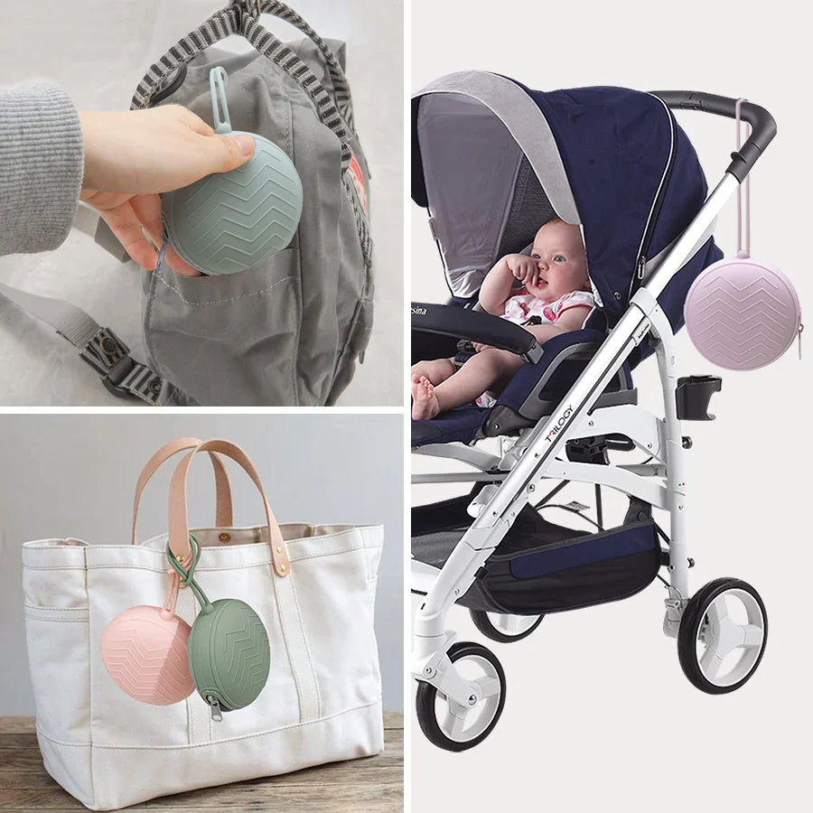 Nursing & feeding accessory: a brightly colored silicone pacifier holder, great for baby shower gifts.