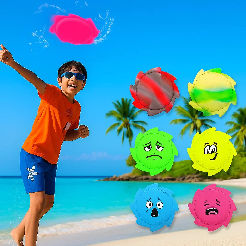 Soft silicone water frisbee for kids, blue, flying outdoors in sunlight, promoting active play