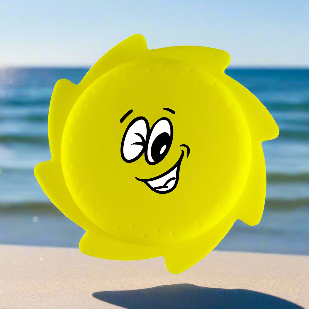 Group of kids laughing, playing with a colorful silicone water frisbee on a sunny beach, active fun