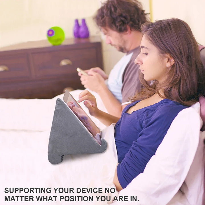 Tablet accessory: soft pillow stand. Ergonomic hands-free device holder for comfy viewing & reading anywhere.