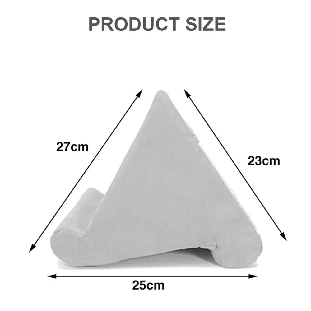 Smart tablet stand: soft pillow design. Hands-free device holder for comfortable, ergonomic viewing & reading.