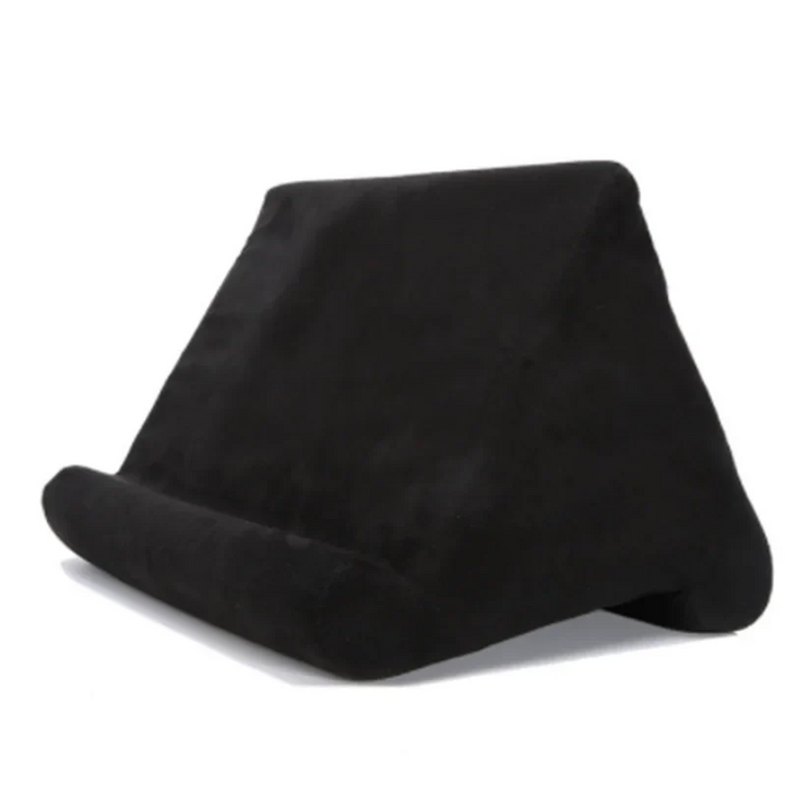 Portable hands-free tablet pillow stand. Soft, ergonomic design for comfortable device viewing on any surface.