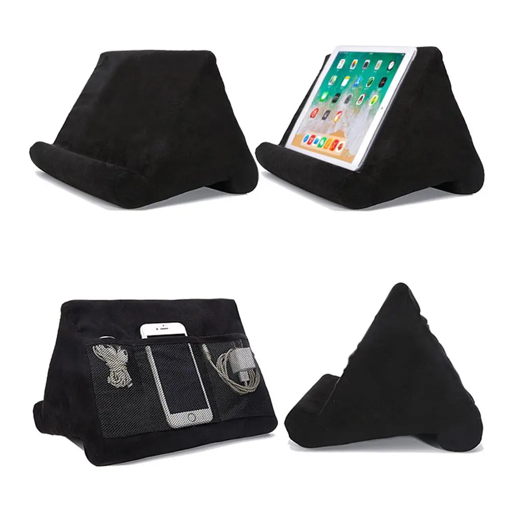 Convenient hands-free tablet pillow stand. Portable, soft ergonomic device holder for comfortable screen viewing.