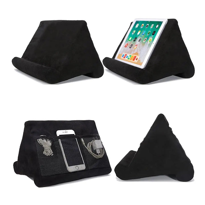 Convenient hands-free tablet pillow stand. Portable, soft ergonomic device holder for comfortable screen viewing.