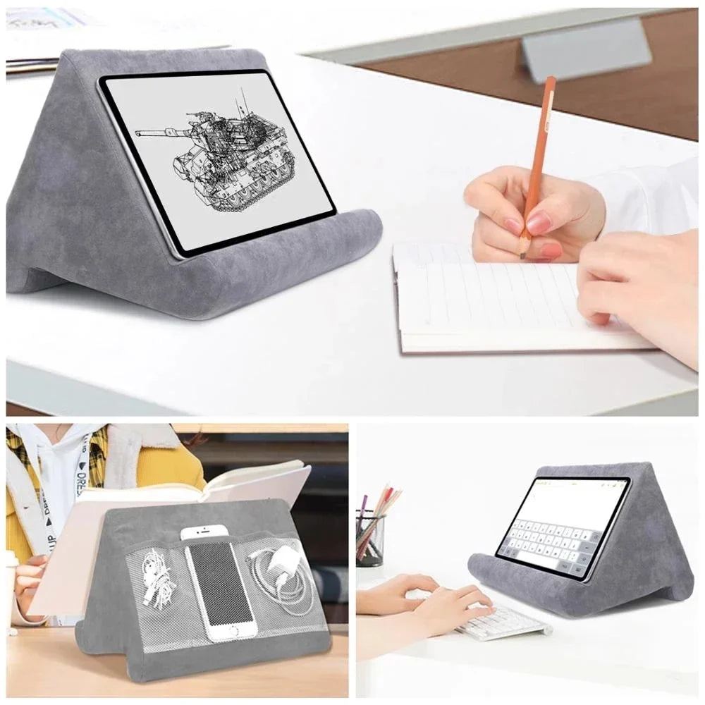 Multi-angle tablet pillow stand. Soft, hands-free device holder for comfortable viewing on lap, bed or desk.