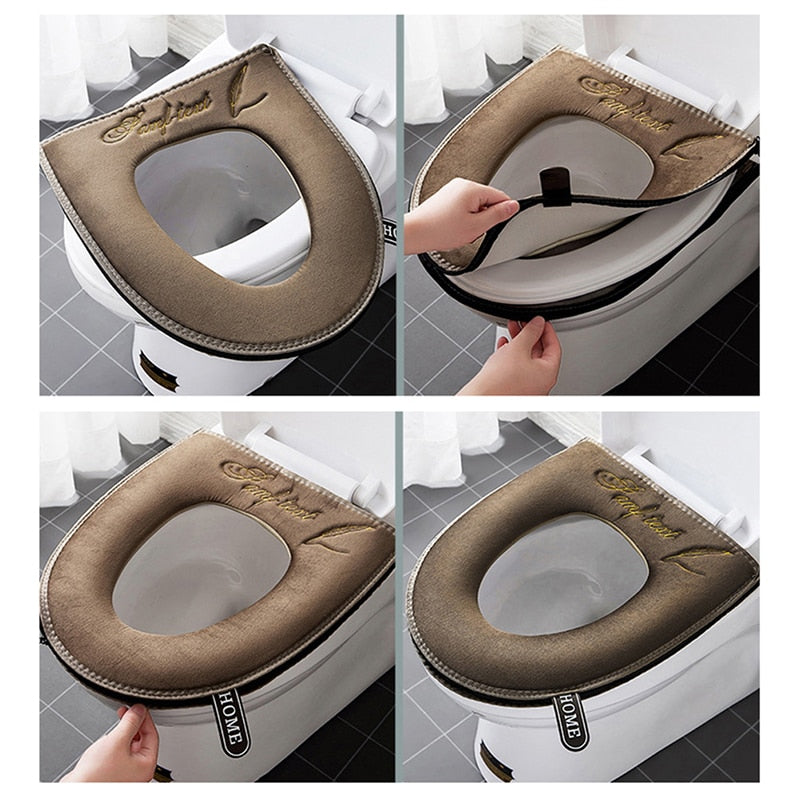 Plush universal toilet seat cover with an easy-to-use zipper and carrying handle