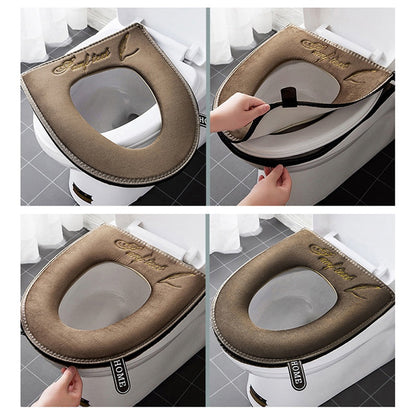 Plush universal toilet seat cover with an easy-to-use zipper and carrying handle