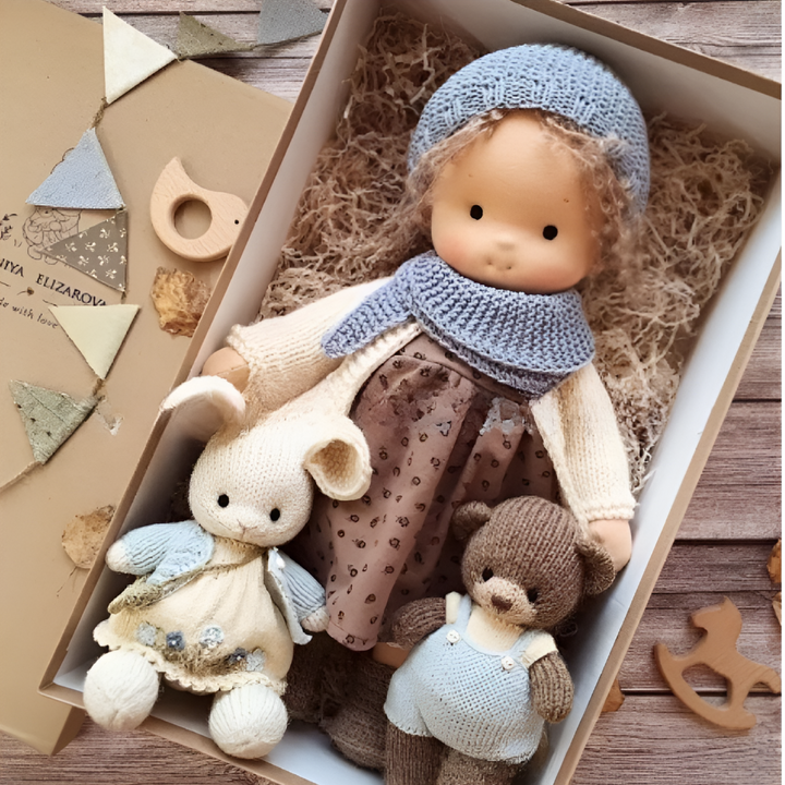 Children's imaginative play Waldorf doll, soft, cuddly, and handmade natural toy.