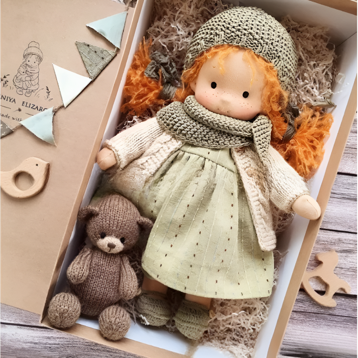 Toddler Waldorf doll for imaginative play, made from soft organic cotton & wool.