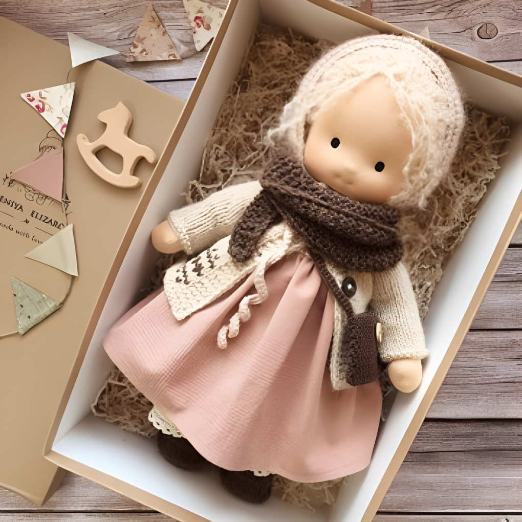 Cuddly natural Waldorf doll made with organic cotton, perfect for toddler imaginative play.