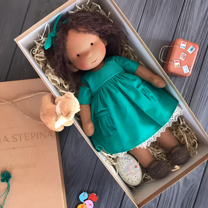Educational and soft Waldorf doll for children, handmade with natural organic materials.