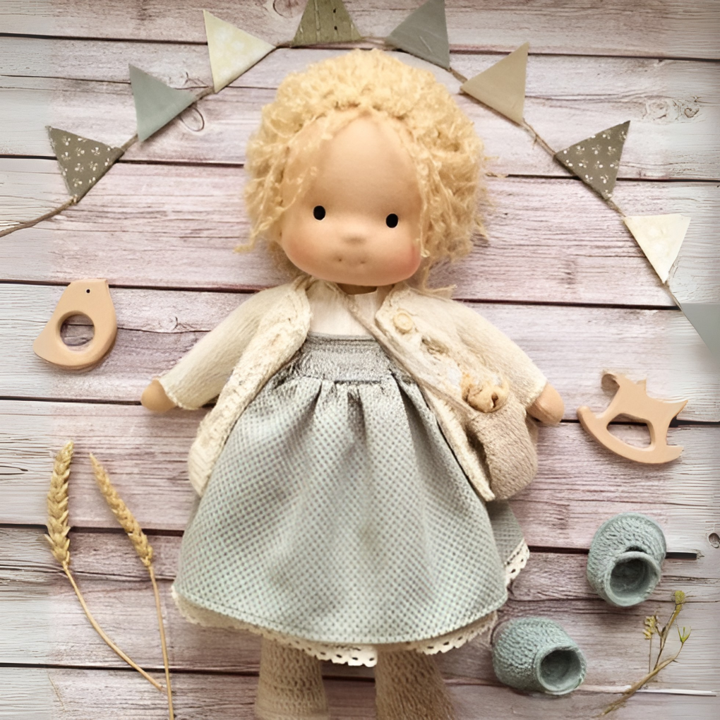 Handmade children's Waldorf doll, a soft wool toy for cuddly imaginative play.