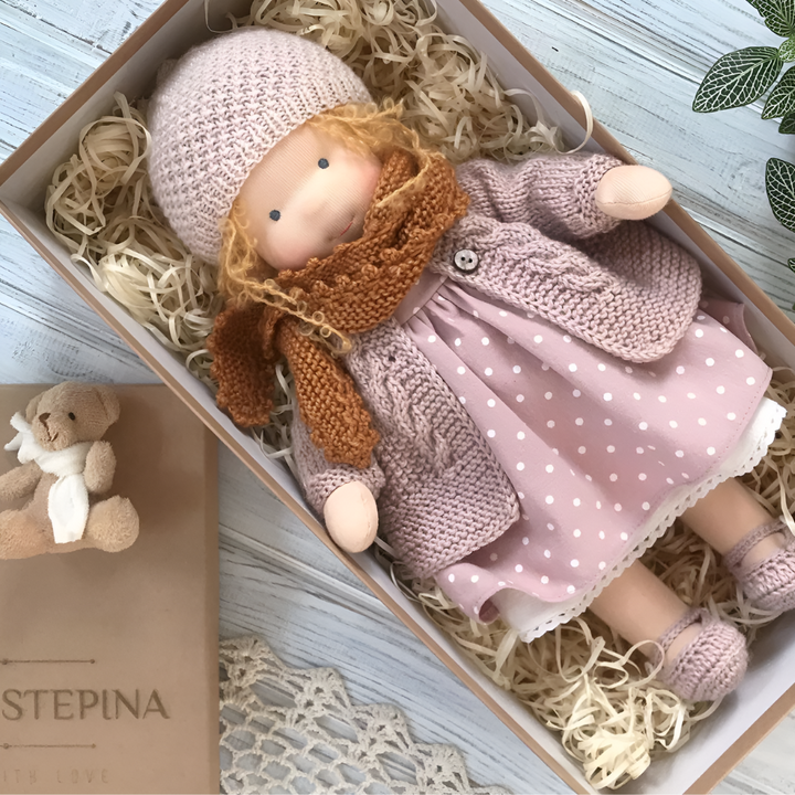 Classic Waldorf doll, soft, natural organic cotton, ideal for toddler imaginative play.