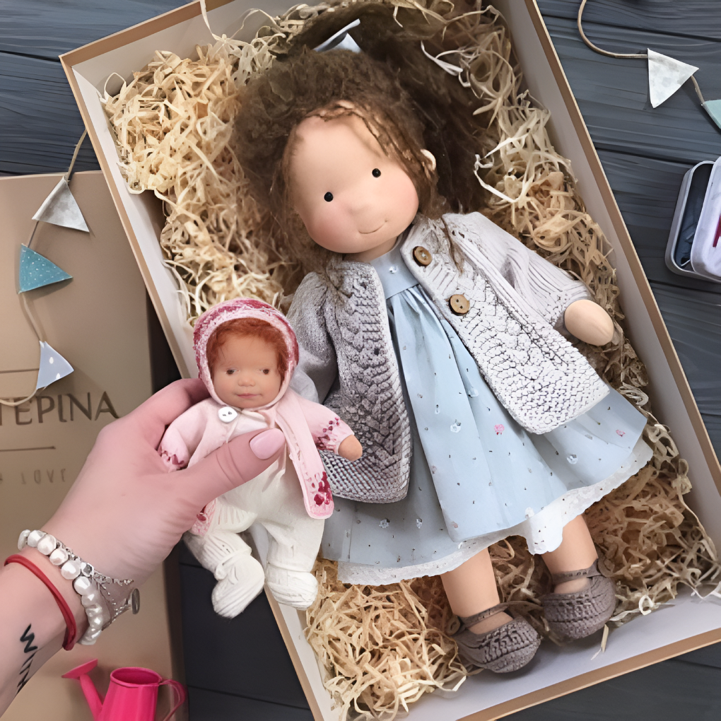 Imaginative soft Waldorf doll, natural materials, a handmade cloth doll for creative children.
