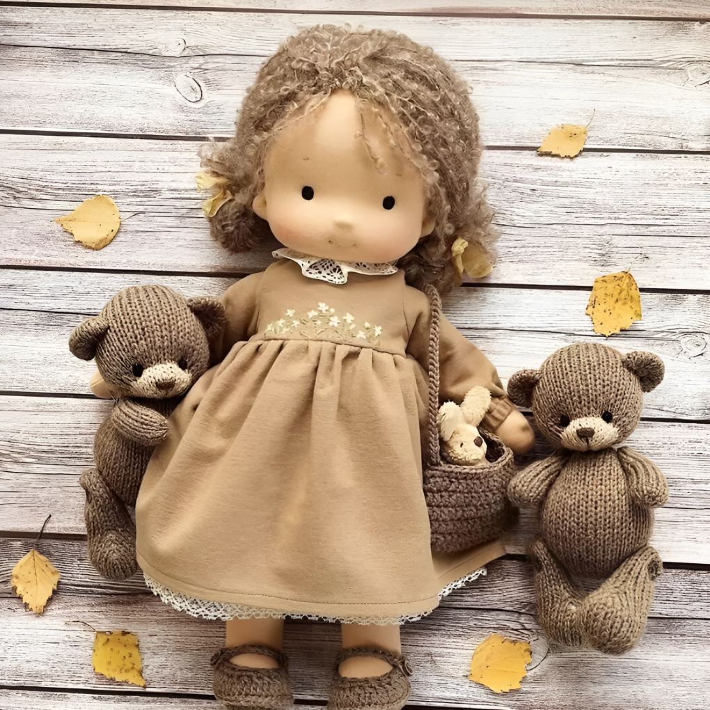 Children's natural Waldorf doll, soft cloth, handmade play friend for imaginative development.