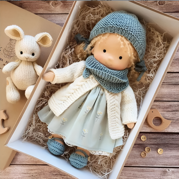 Children's Waldorf play friend, soft handmade cloth doll, natural wool & cotton for creativity.