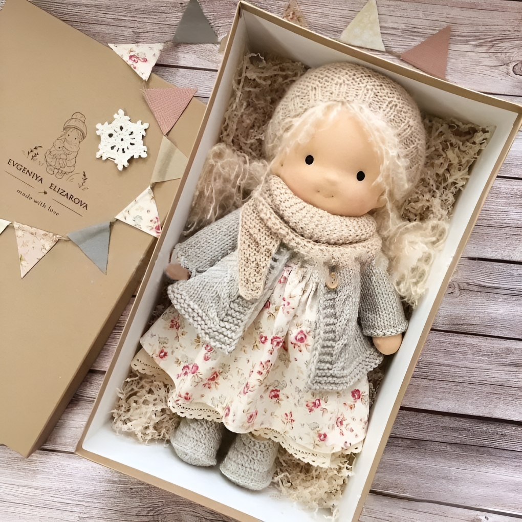 Soft Waldorf doll, natural cotton, handmade stuffed toy for imaginative child play.