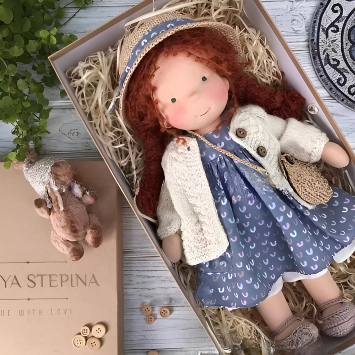Waldorf-style stuffed toy, soft cloth doll, handmade for gentle, imaginative child development.