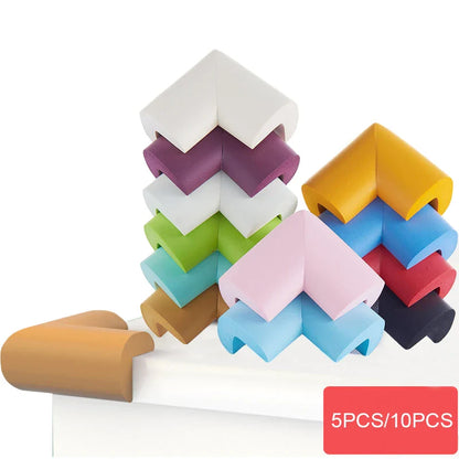 Beige cushioned corner protectors for baby proofing sharp table corners, essential home safety gear.