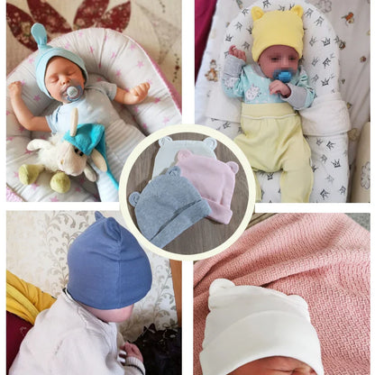 Close-up of a knitted baby cotton hat, ideal newborn beanie for delicate skin.