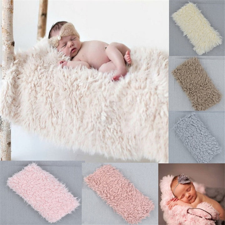 Soft white faux fur blanket, perfect newborn photography prop for cozy baby photo shoots. Plush infant accessory.