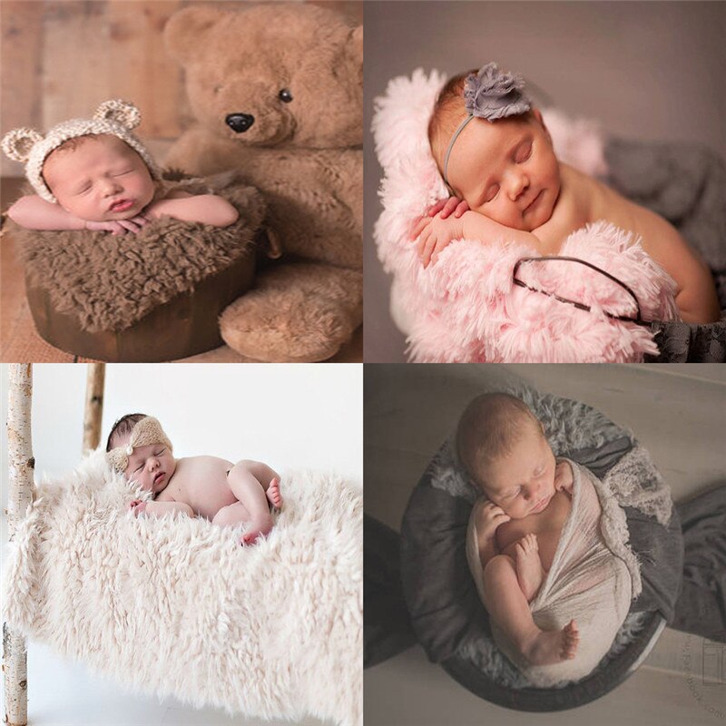Comforting faux fur newborn photography prop blanket, ensures baby stays cozy & soft during photo sessions.