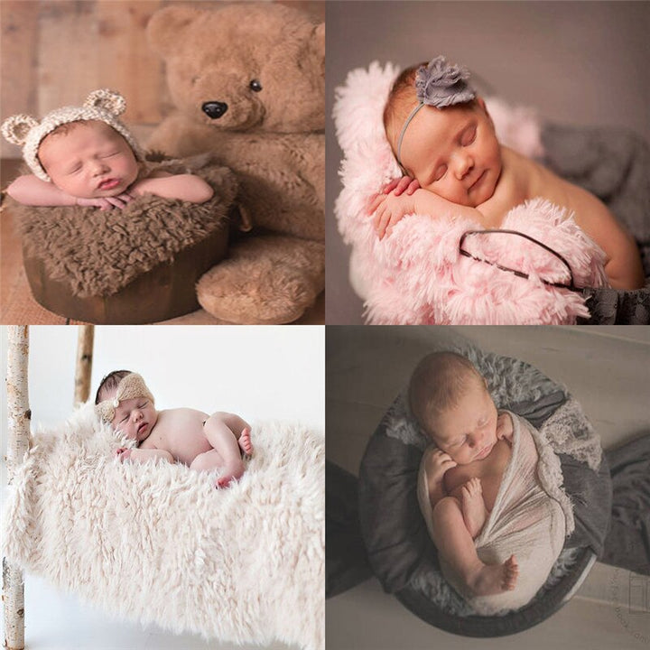 Comforting faux fur newborn photography prop blanket, ensures baby stays cozy & soft during photo sessions.