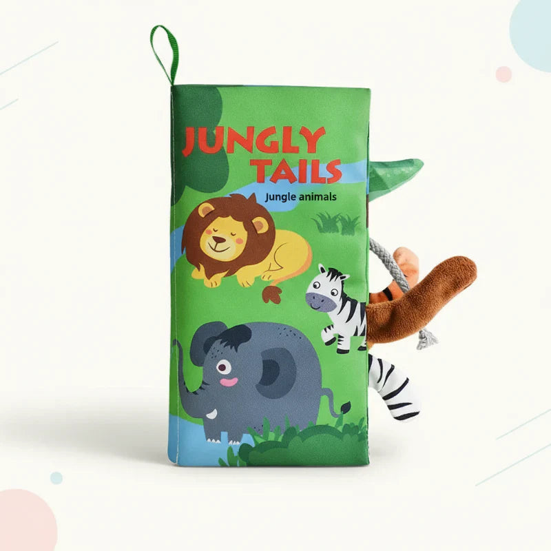 Close-up of SoftTails baby fabric book showing textured animal tail, educational toy