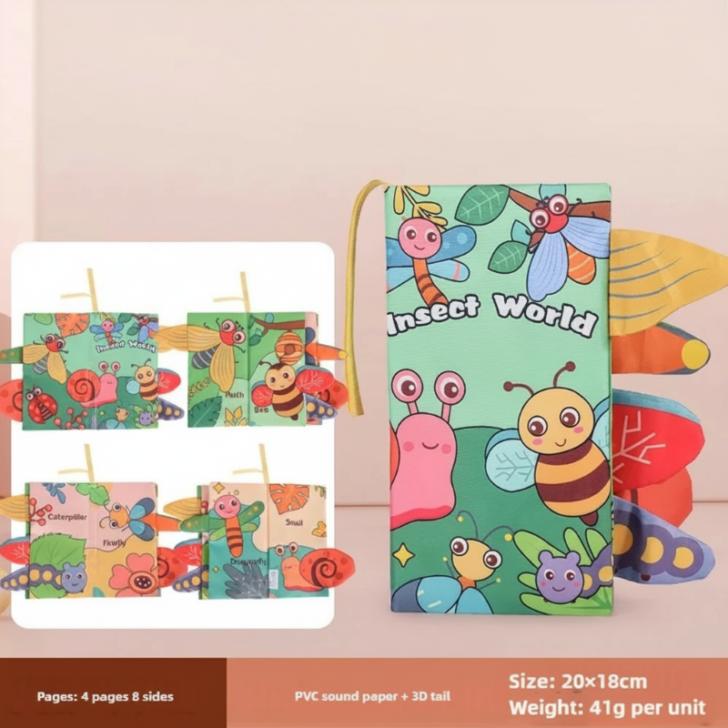 SoftTails baby book showcasing bright illustrations and different fabric textures