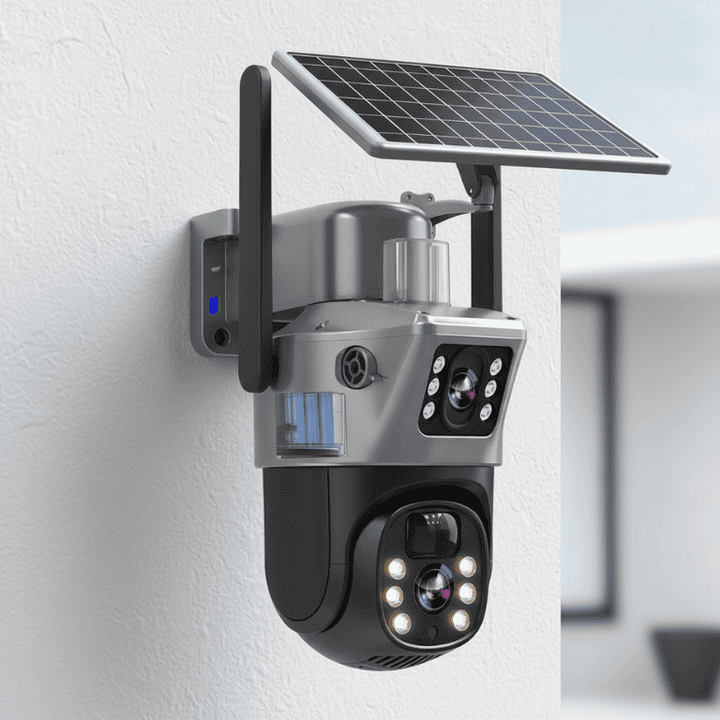 Solar 4K PTZ security camera, 360° view, for outdoor smart surveillance & wireless remote access.