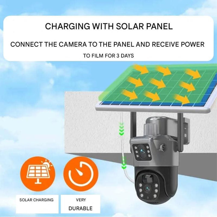 Durable outdoor wireless 4K PTZ security camera, solar-powered, with full 360° coverage & night vision.