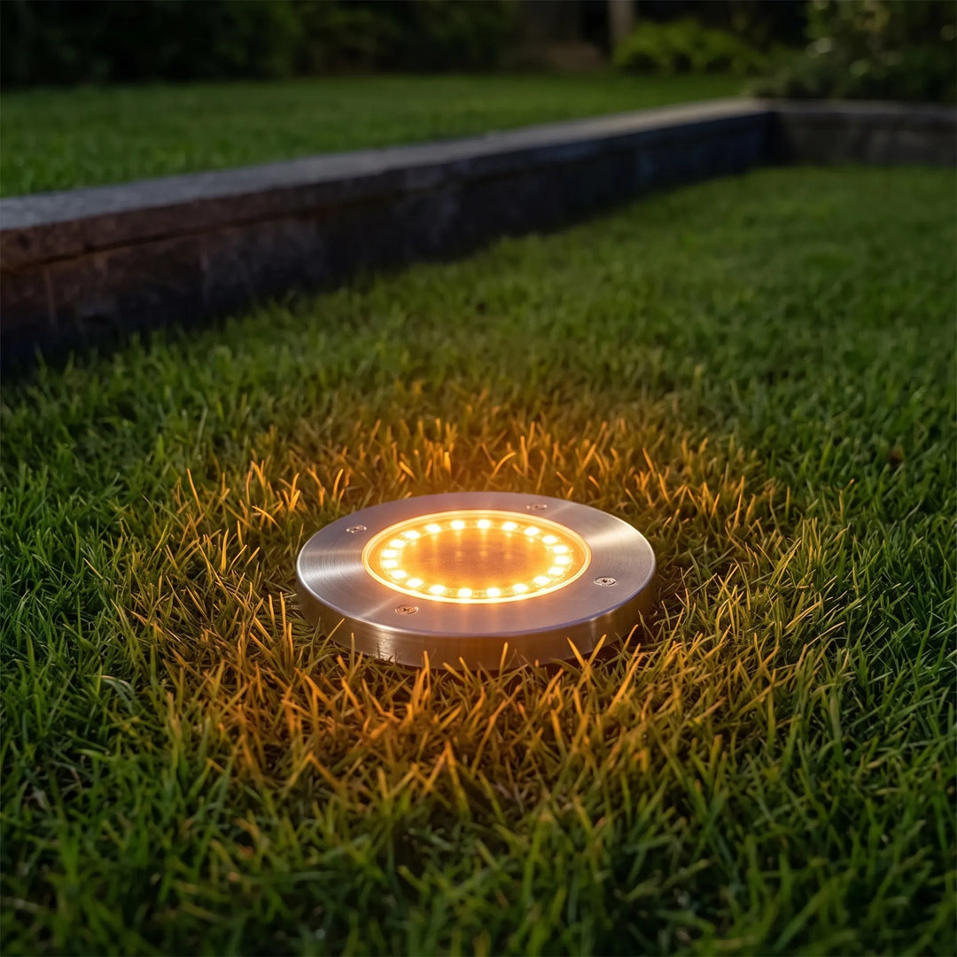 Solar ground disk lights illuminating a garden pathway at night.