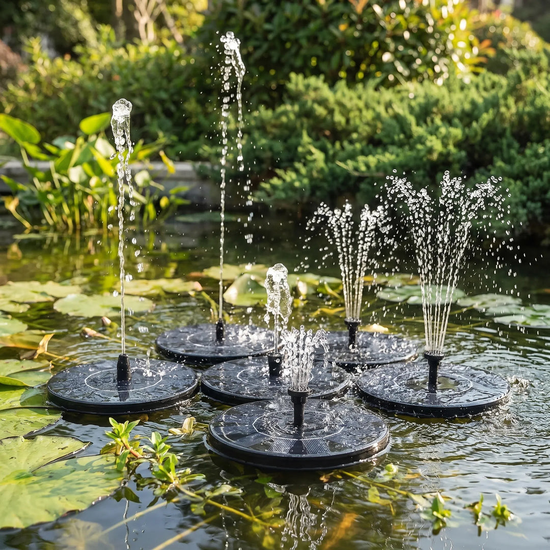 No-wiring solar powered floating fountain, instantly adds a water feature to bird baths, ponds & garden.