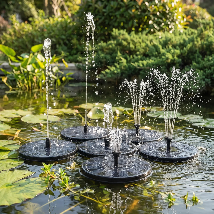 No-wiring solar powered floating fountain, instantly adds a water feature to bird baths, ponds & garden.