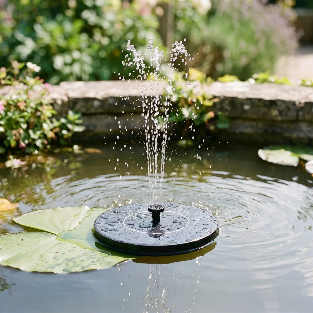 Decorative floating solar fountain for ponds & bird baths, enhances garden decor with a serene water feature.