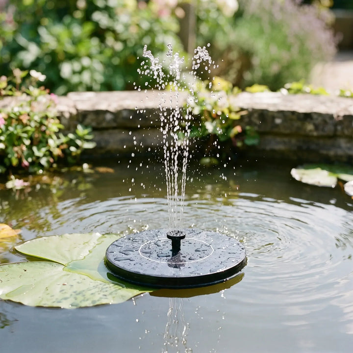 Decorative floating solar fountain for ponds & bird baths, enhances garden decor with a serene water feature.