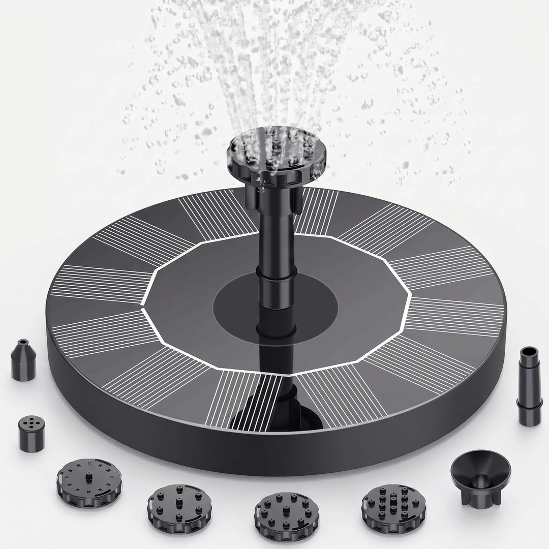 Automatic solar powered floating fountain for bird baths & small ponds, an eco-friendly water feature.