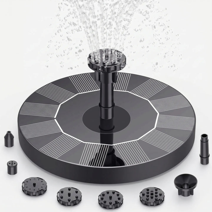Automatic solar powered floating fountain for bird baths & small ponds, an eco-friendly water feature.