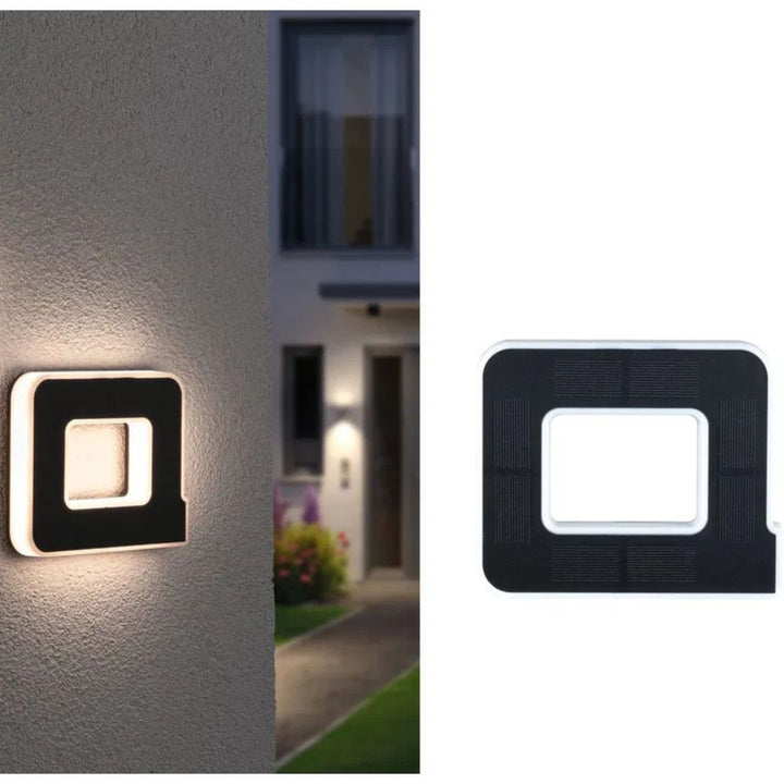 Modern home exterior LED address sign, solar powered for nighttime visibility.