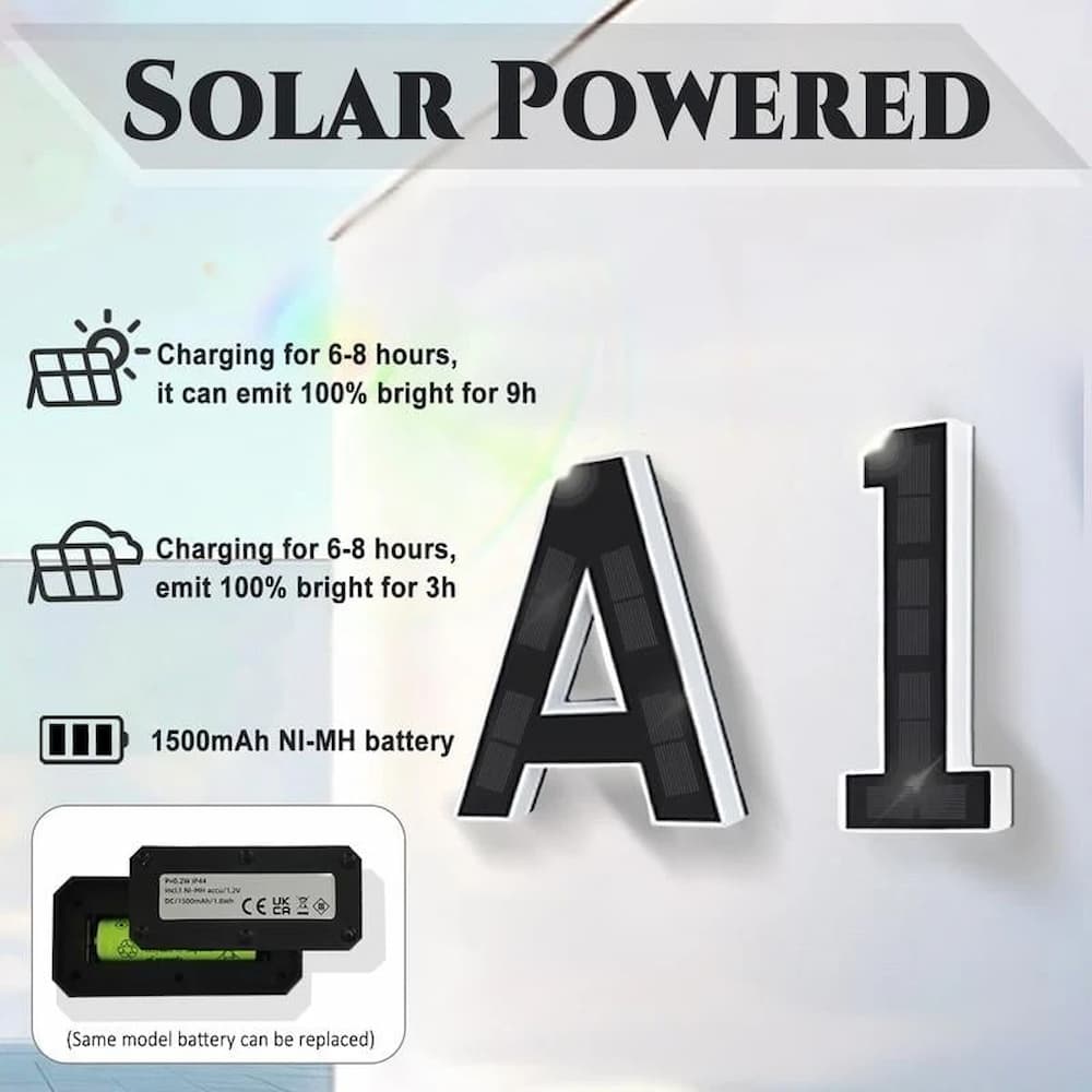 Stylish solar illuminated house number, weather resistant for long-lasting use.