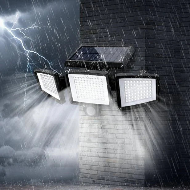 Solar-powered outdoor security floodlight with motion sensor for home protection & patio lighting.