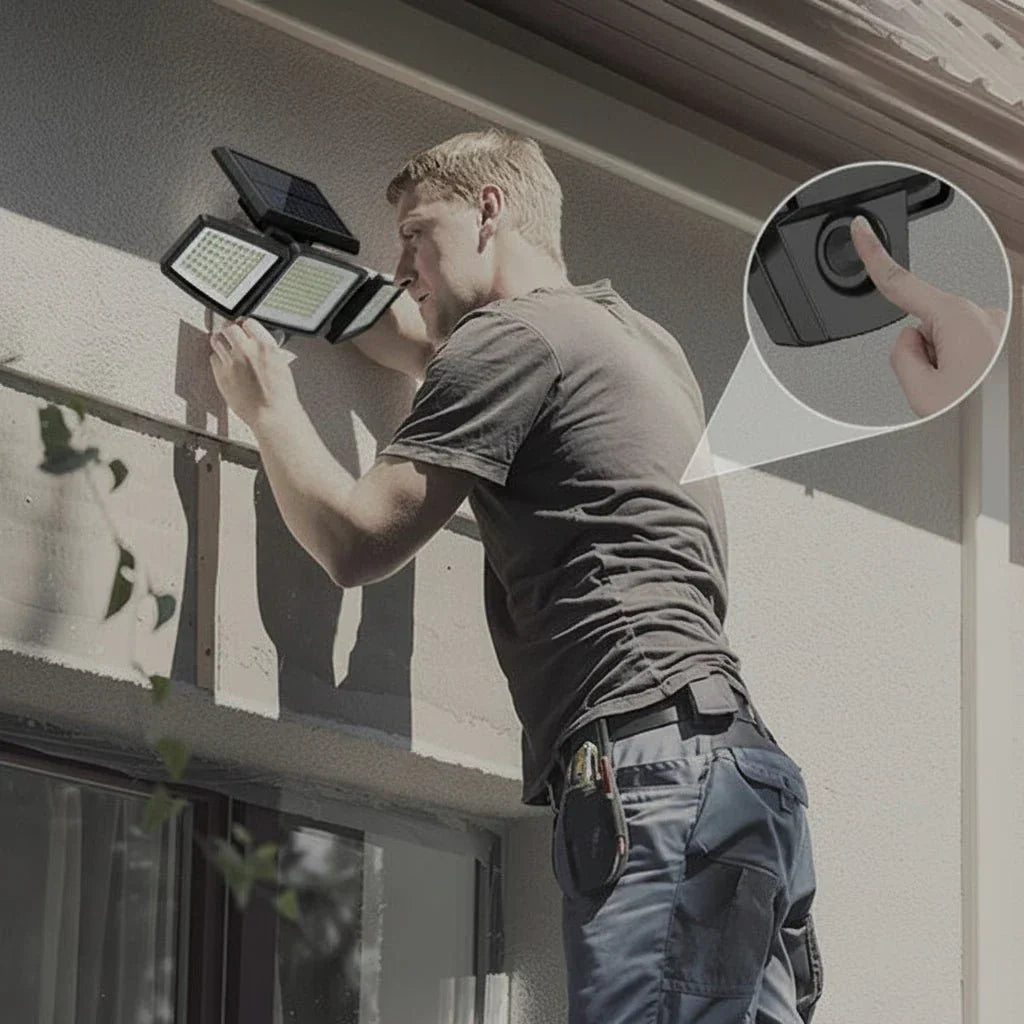 Waterproof solar floodlight with motion sensor, ideal for energy-efficient outdoor home security.