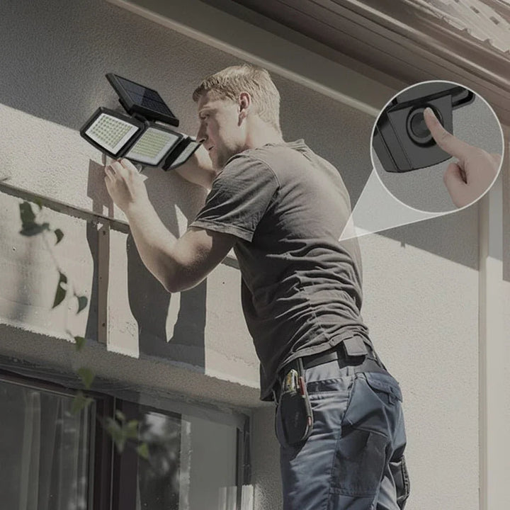 Waterproof solar floodlight with motion sensor, ideal for energy-efficient outdoor home security.