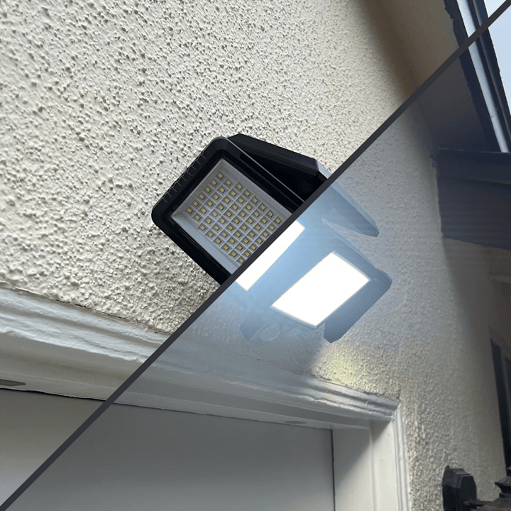 Easy-to-install outdoor solar motion sensor floodlight provides bright security lighting for homes.