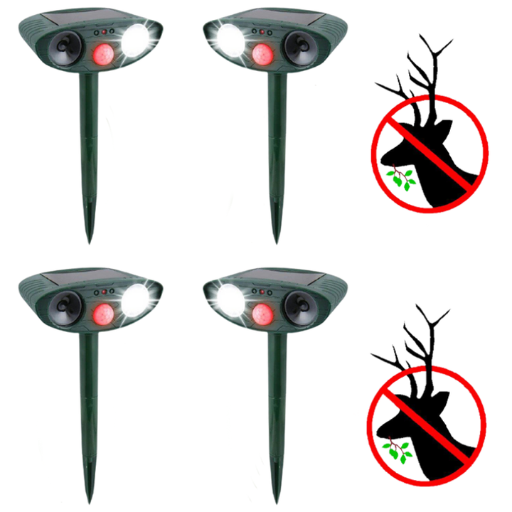 Solar ultrasonic deer repeller for gardens, humane pest control device.