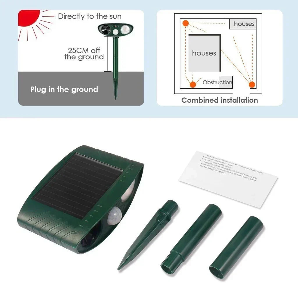 Advanced ultrasonic deer repeller, solar-charged for garden & patio use.