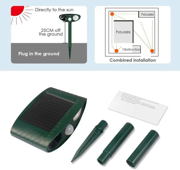 Advanced ultrasonic deer repeller, solar-charged for garden & patio use.