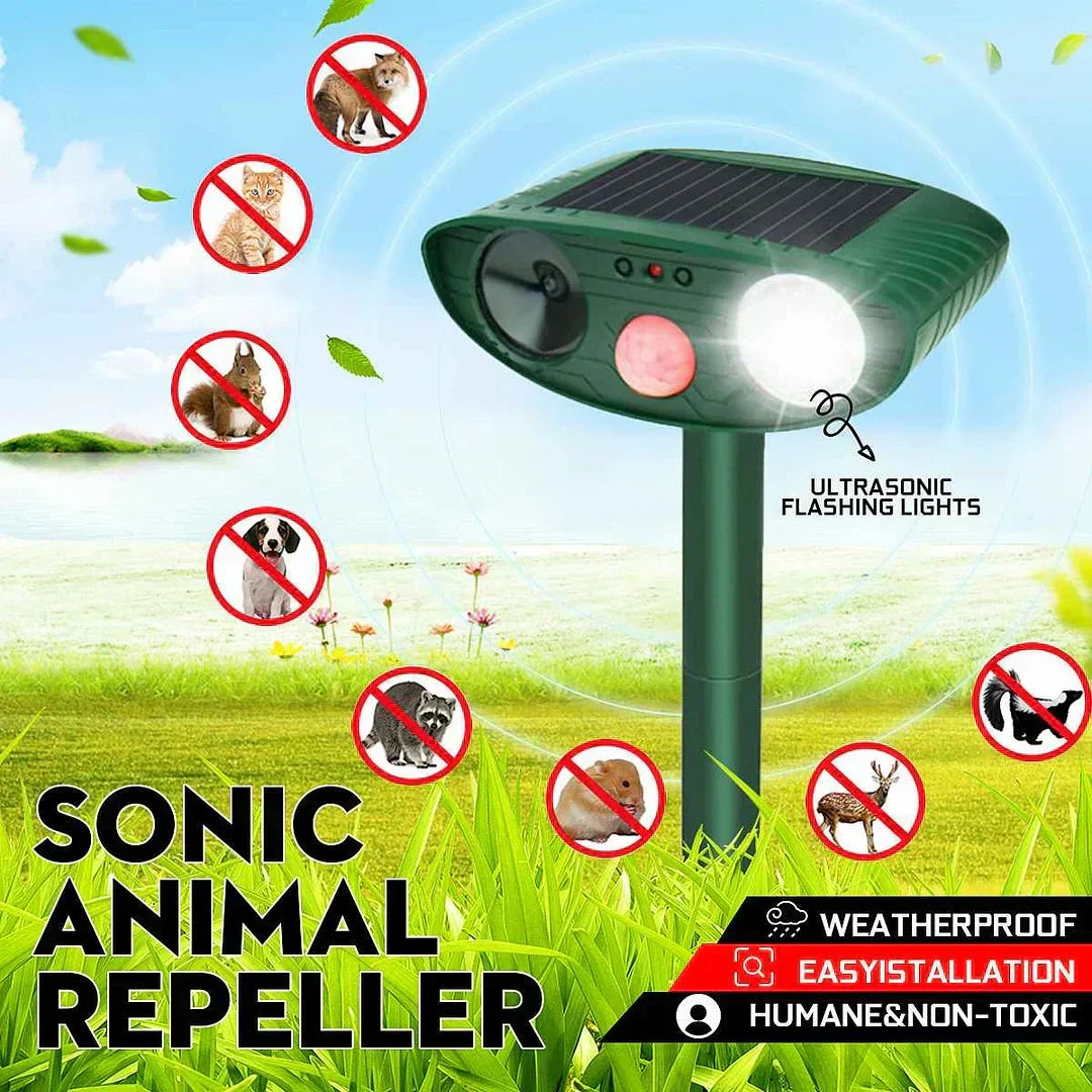 Outdoor yard defense: solar-powered ultrasonic deer & animal deterrent.