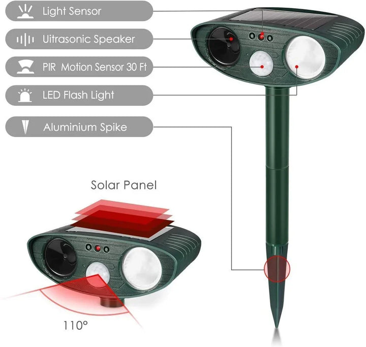 Wireless solar ultrasonic wildlife repeller, ideal for garden pest control.