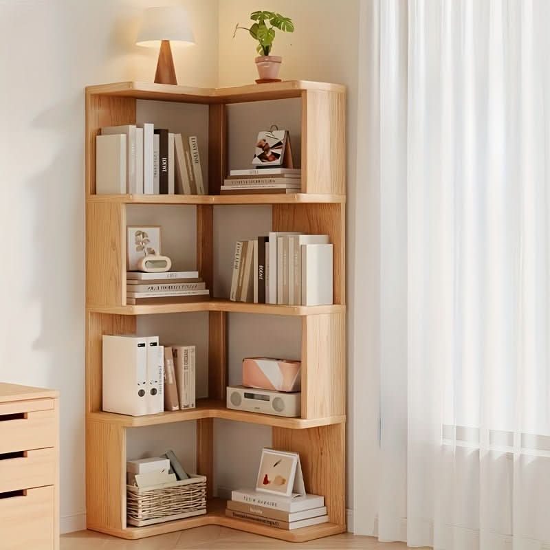 Modern natural pine corner storage cabinet, ideal for living room or bedroom decor.